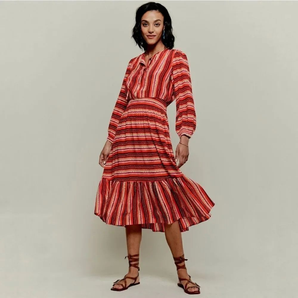 Tucker Juliette Dress Orange Lorden Stripes in Crepe de Chine Silk Ruffle Boho